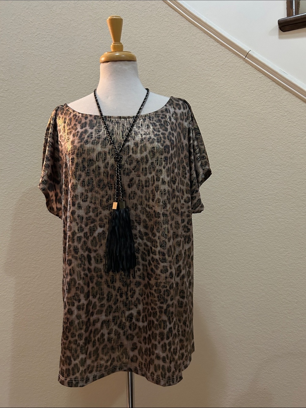 Leopard Print Metallic Tunic Top - Taupe/Black